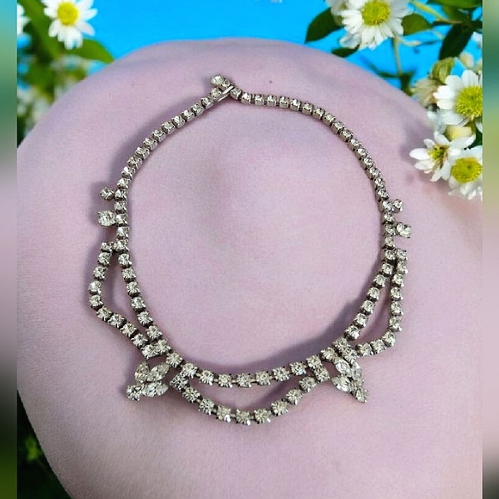 Kramer Silver Tone Prong Set Clear Crystal Rhinestone Choker Necklace Signed